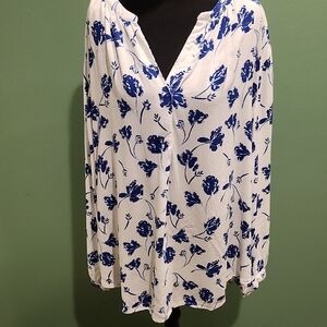 Woman Within Blue and White Floral Blouse
